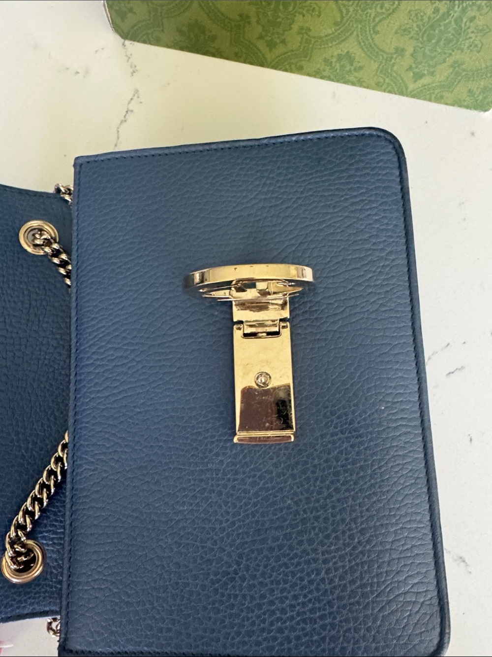 Gucci Navy Blue Pebbled Leather Crossbody with Gold GG Emblem - Picture 6 of 14